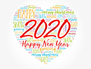 2020 Happy New Year Heart word cloud collage, holiday background