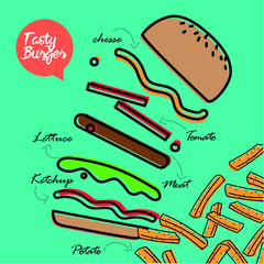 flat design for a hamburger with background green