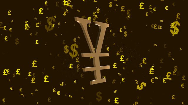 The gold sign or currency symbol of the Japanese yen, a short designation of the name of the currency unit, rotates against the background of many flying signs of other currencies of the world