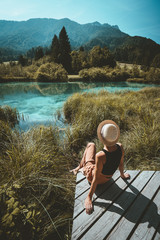 Woman enjoying freedom on nature outdoors. Travel Slovenia Europe.