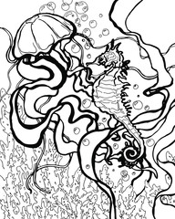 vector illustration of seahorse and jellyfish. Adult colorful book. 