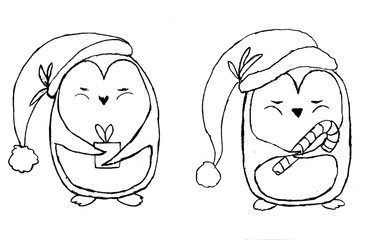 penguins with Santa hats isolated on white