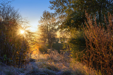 sunrise on the countryside in a natural landscape on a cold autumn morning