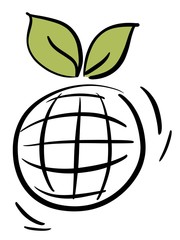 Icon planet with a green leaf of a plant. Bio. Hand-drawn
