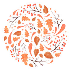 Watercolor Autumn Circle of leaves, branches and berries