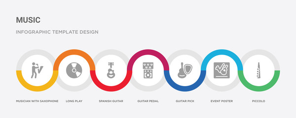 7 filled icon set with colorful infographic template included piccolo, event poster, guitar pick, guitar pedal, spanish guitar, long play, musician with saxophone icons