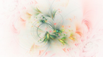 Abstract transparent green and golden crystal shapes. Fantasy light background. Digital fractal art. 3d rendering.