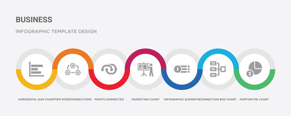 7 filled icon set with colorful infographic template included portion pie chart, connection box chart, infographic elements, marketing chart, points connected item interconnections, horizontal bar
