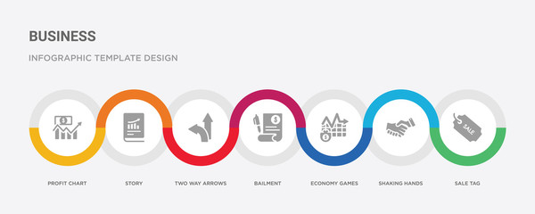 7 filled icon set with colorful infographic template included sale tag, shaking hands, economy games, bailment, two way arrows, story, profit chart icons