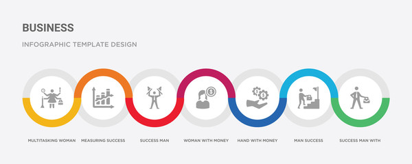 7 filled icon set with colorful infographic template included success man with suitcase, man success, hand with money gear, woman money, success man, measuring multitasking woman icons