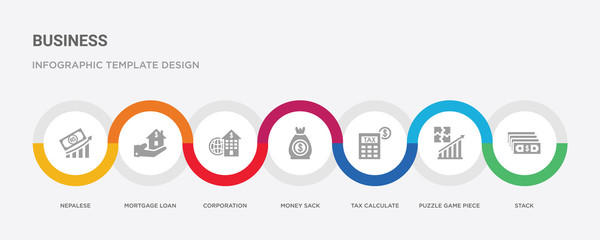 7 filled icon set with colorful infographic template included stack, puzzle game piece, tax calculate, money sack, corporation, mortgage loan, nepalese icons