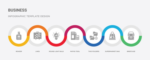 7 filled icon set with colorful infographic template included briefcase, supermarket bag, two folders, maths tool, round light bulb, lines, reader icons