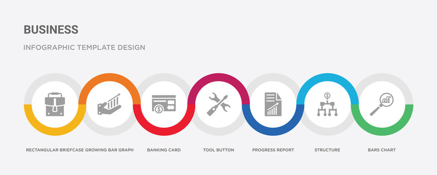 7 filled icon set with colorful infographic template included bars chart, structure, progress report, tool button, banking card, growing bar graph, rectangular briefcase icons
