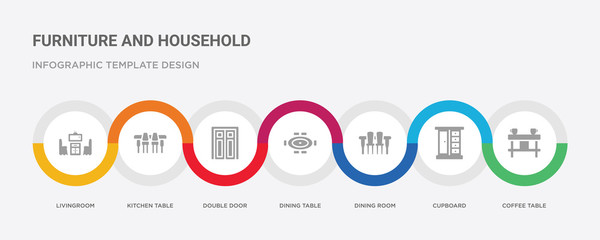 7 filled icon set with colorful infographic template included coffee table, cupboard, dining room, dining table, double door, kitchen table, livingroom icons