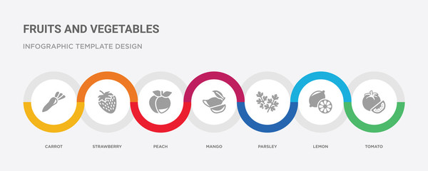 7 filled icon set with colorful infographic template included tomato, lemon, parsley, mango, peach, strawberry, carrot icons