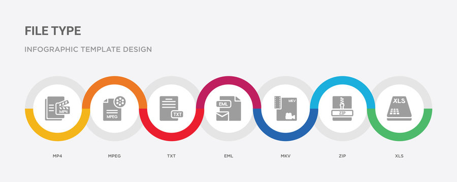 7 Filled Icon Set With Colorful Infographic Template Included Xls, Zip, Mkv, Eml, Txt, Mpeg, Mp4 Icons