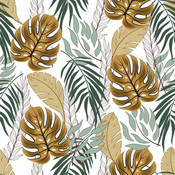 Summer abstract seamless tropical pattern in bright colors on a light background. Beautiful print with hand drawn exotic plants. Colorful stylish floral.