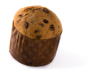 Christmas chocolate panettone cake isolated on white background. Copy space