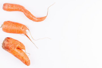 Funny ugly vegetables, carrots on white background with copy space. Concept of zero waste...