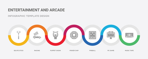 7 filled icon set with colorful infographic template included music tape, pc game, pinball, poker chip, puppet show, racing, selfie stick icons