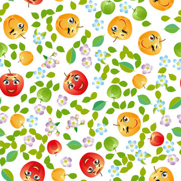 Cute seamless pattern with cartoon emoji fruits