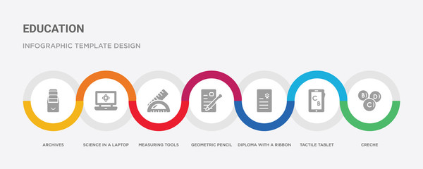 7 filled icon set with colorful infographic template included creche, tactile tablet, diploma with a ribbon, geometric pencil, measuring tools, science in a laptop, archives icons