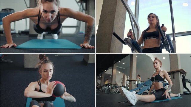 collage of beautiful slim sport woman doing gymnastics and power lifting exercises at the gym. Fitness girl gym concepts, multi screen camera