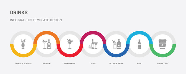 7 filled icon set with colorful infographic template included paper cup, rum, bloody mary, wine, margarita, martini, tequila sunrise icons