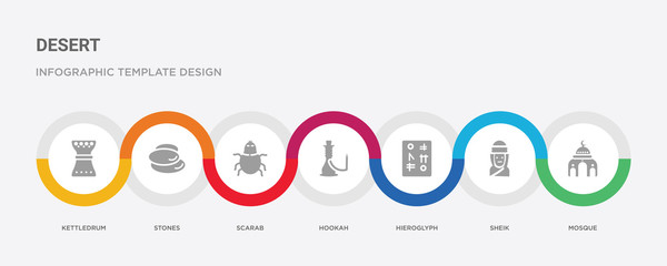 7 filled icon set with colorful infographic template included mosque, sheik, hieroglyph, hookah, scarab, stones, kettledrum icons