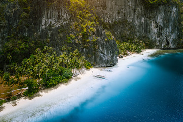 Aerial drone view of tropical exotic beach of Pinagbuyutan Island in El Nido. Amazing white sand...