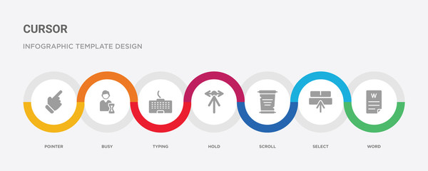 7 filled icon set with colorful infographic template included word, select, scroll, hold, typing, busy, pointer icons