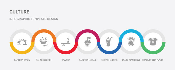 7 filled icon set with colorful infographic template included brazil soccer player, brazil team shield, caipirinha drink glass of brazil, cake with a flag, calumet, cantonese fish, capoeira dancers