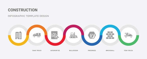 7 filled icon set with colorful infographic template included tow truck, brickwall, progress, bulldozer, interior de, tank truck,   icons