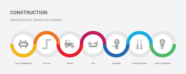 7 filled icon set with colorful infographic template included angle grinder, screwdrivers, grinder, vise, paver, hex key, air compressor icons