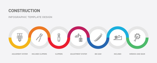 7 filled icon set with colorful infographic template included wrench and gear, inclined, big saw, adjustment system, clippers, inclined clippers, adjusment system icons