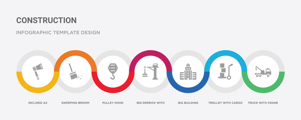 7 filled icon set with colorful infographic template included truck with crane, trolley with cargo, big building, big derrick boxes, pulley hook, sweeping broom, inclined ax icons