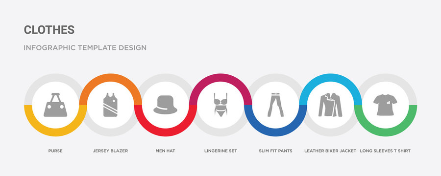7 filled icon set with colorful infographic template included long sleeves t shirt, leather biker jacket, slim fit pants, lingerine set, men hat, jersey blazer, purse icons
