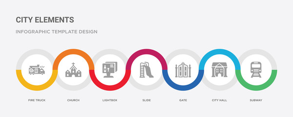 7 filled icon set with colorful infographic template included subway, city hall, gate, slide, lightbox, church, fire truck icons