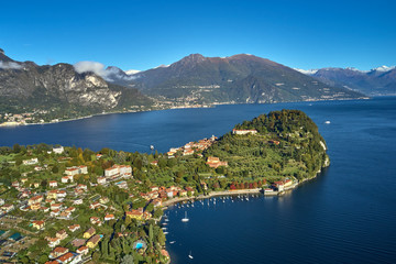 Obraz premium Panoramic view of Lake Como, the city of Bellagio. Aerial view. Autumn season. Alps covered in snow