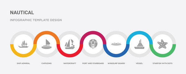 7 filled icon set with colorful infographic template included starfish with dots, vessel, windsurf board, port and starboard, watercraft, capsizing, ship admiral icons