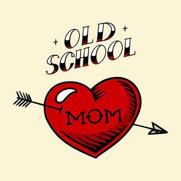 Heart tattoo mom in vintage style. Retro american old school sketch. Hand drawn engraved retro illustration for t-shirt and logo or badge.