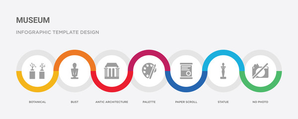 7 filled icon set with colorful infographic template included no photo, statue, paper scroll, palette, antic architecture, bust, botanical icons
