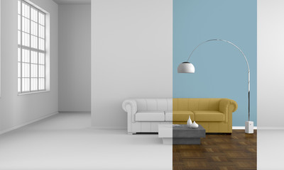 abstract colored strip slider in living room without colors in the background - 3D rendering