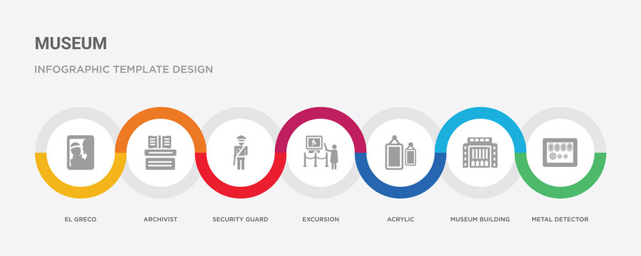 7 Filled Icon Set With Colorful Infographic Template Included Metal Detector, Museum Building, Acrylic, Excursion, Security Guard, Archivist, El Greco Icons