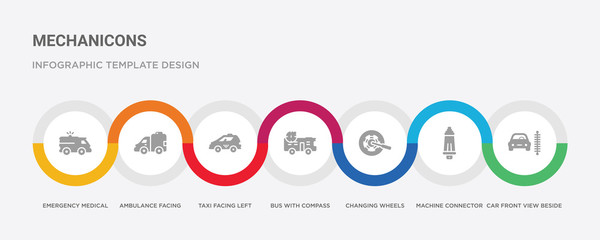 7 filled icon set with colorful infographic template included car front view beside a traffic meter, machine connector plug, changing wheels tool, bus with compass, taxi facing left, ambulance © Meth Mehr
