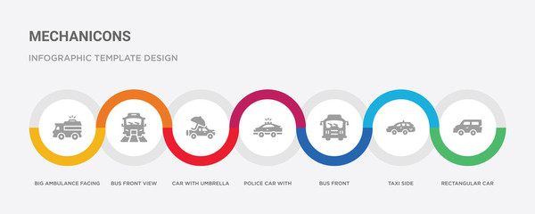 7 filled icon set with colorful infographic template included rectangular car, taxi side, bus front, police car with lights, car with umbrella, bus front view, big ambulance facing left icons © Meth Mehr