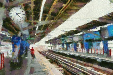 The scenery of the sky train station Illustrations creates an impressionist style of painting.