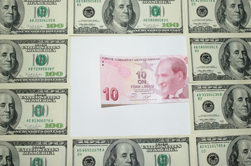 a ten Turkish Lira note surrounded by one hundred American dollars