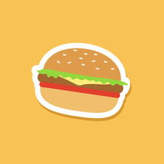 Flat style of hamburger sticker on yellow background.