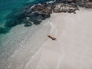 Aerial view of the fit girl lying on sandy beach by turquoise ocean waters; drone shot.